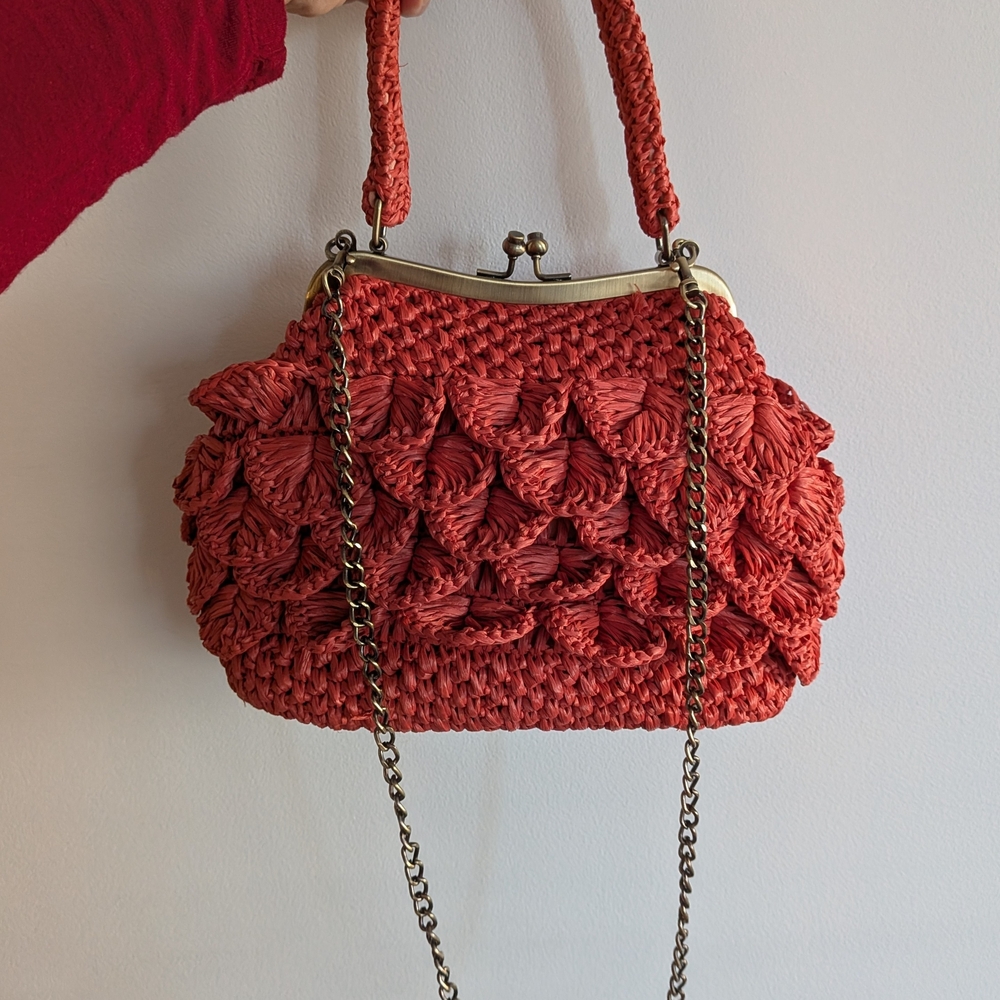 Patricia Nash LAUREANA Coral Woven Scallop Raffia Cross body Purse Frame
